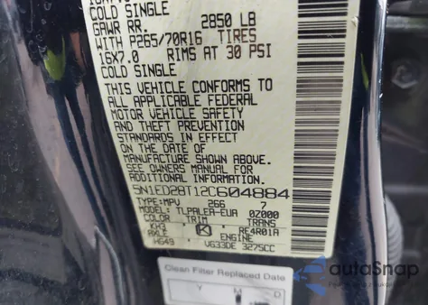 2002 Nissan Xterra Xe z USA, uszkodzony, nr VIN 5N1ED28T12C604884